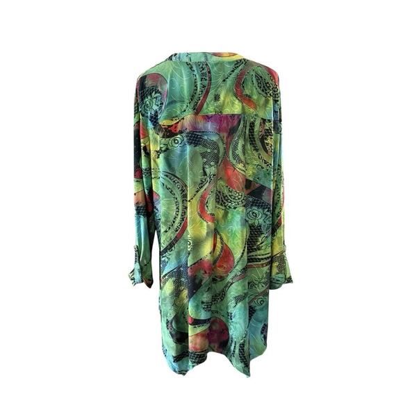 Cocomo Y2K Paisley Blouse 1X Plus Boho Roll Tab Green Stretchy Pleated Abstract - Picture 2 of 11